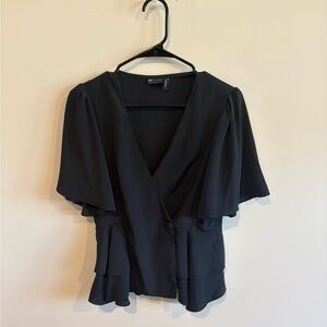 ASOS Black Wrap-Front Flutter Sleeve Peplum Blouse